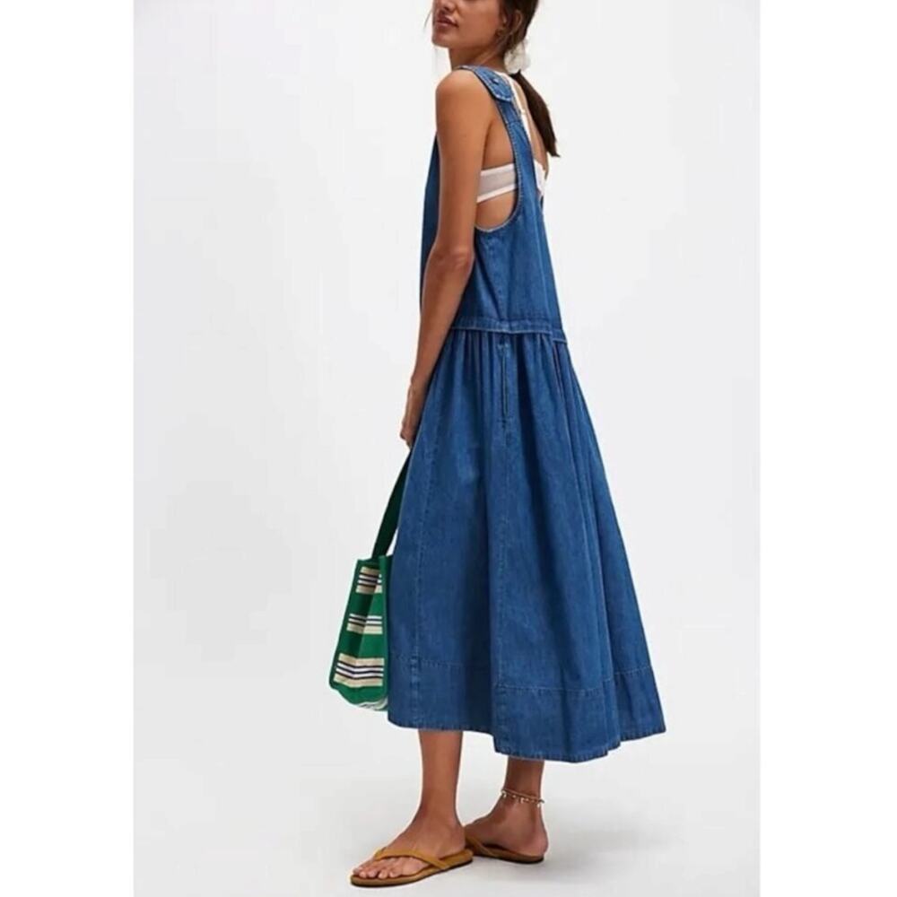 Free People Retro 90s Soraya Light Denim Sky Drop Waist Midi Jumper Dress Large - Picture 2 of 11